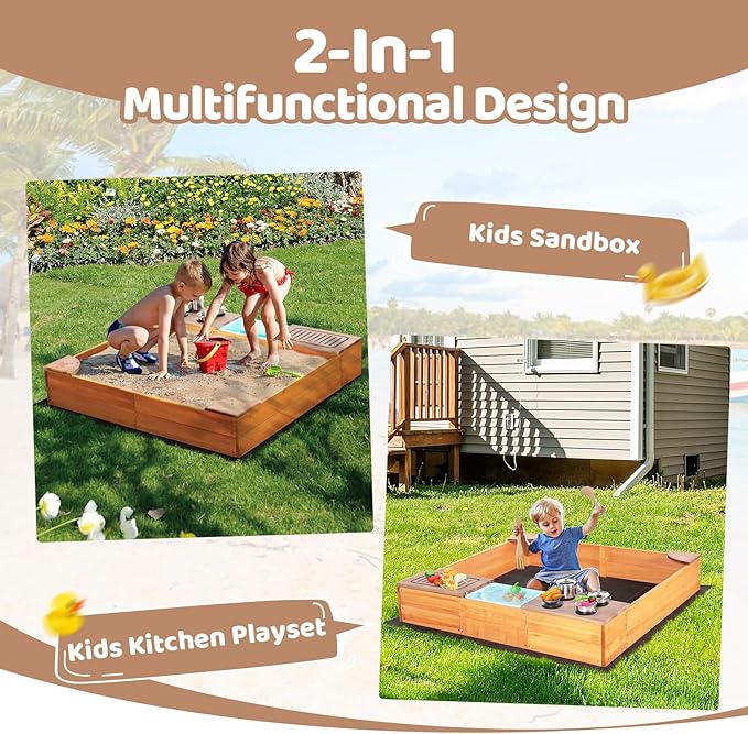 Kids Sandbox with Kitchen Playset, 2 in 1 Wood Sand Pit with Cover & Bottom Liner, Outdoor Toddler Sand Box with Corner Seats, Storage Bin, Sink & Cooking Accessories for Garden Beach Backyard