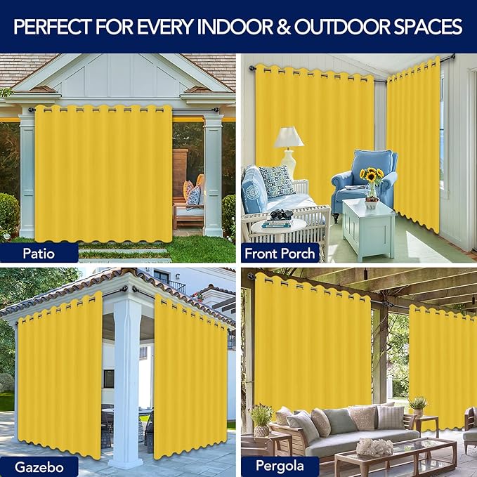 PureFit Outdoor Curtains for Patio Waterproof Weatherproof, UV Resistant Outside Curtains for Gazebo, Front Porch, Pergola, Sun Blocking Privacy Curtain, 150W x 84L inch, 1 Panel, Yellow