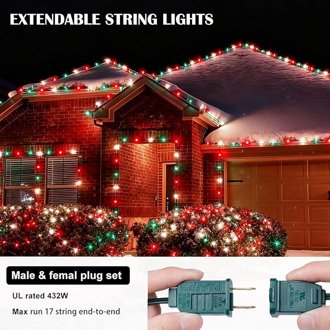 C9 LED Outdoor Christmas Lights,C9 String Lights with Quick Clips,for Xmas House Roof Gutter,Plug in & Connectable,50FT 50 Light,Red Green White