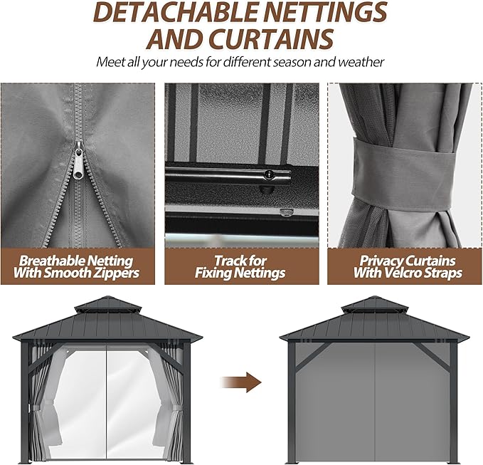 8.5' x 8.5' Hardtop Gazebo, Galvanized Steel Double Roof Gazebo with Nettings and Curtain Outdoor Aluminum Frame Vertical Stripes Roof Gazebos for Patio, Backyard, Lawn