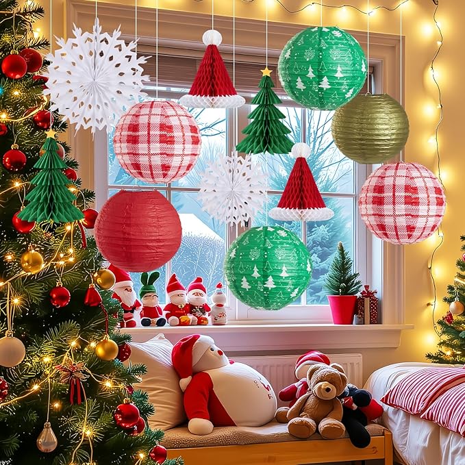 Christmas Hanging Decorations, 12 PCS Paper Lanterns, Honeycomb Christmas Trees, Hanging Paper Fans, Red Green Gold White Holiday Party Supplies for Home Xmas Holiday Party