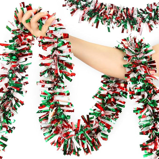 50ft Metallic Tinsel Twist Garland - Christmas Tree Decorations in Red, Green & White