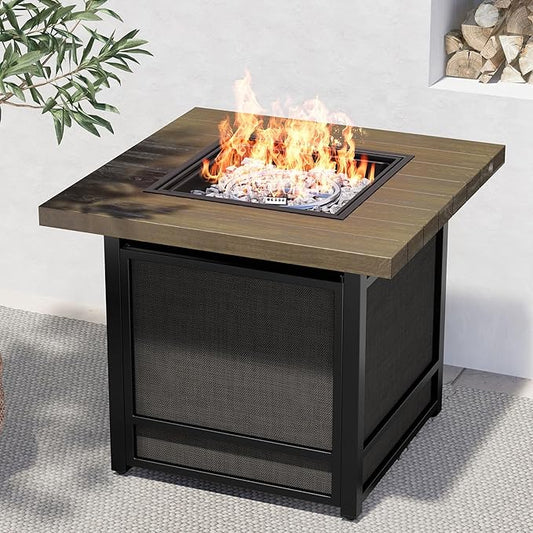 Grand Patio 29 Inch Propane Fire Pit, Outdoor Fire Pit Wood Grain Square Smokeless Firepit Table with Sling Base, Light Brown Tabletop/Square
