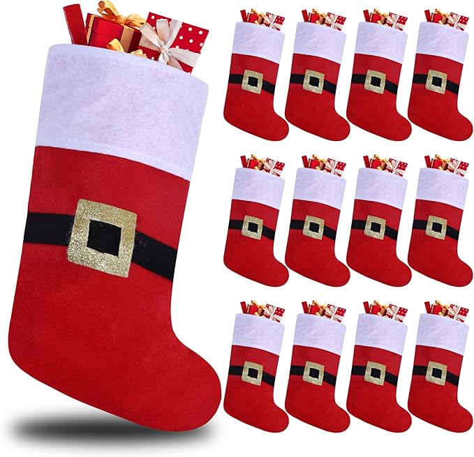 12 Pack Felt Christmas Stockings with Buckle, 19 Inches Red and White Christmas Stockings Hanging Ornaments, White Cuff with Buckle Christmas Stocking for Family Christmas Holiday Decorations