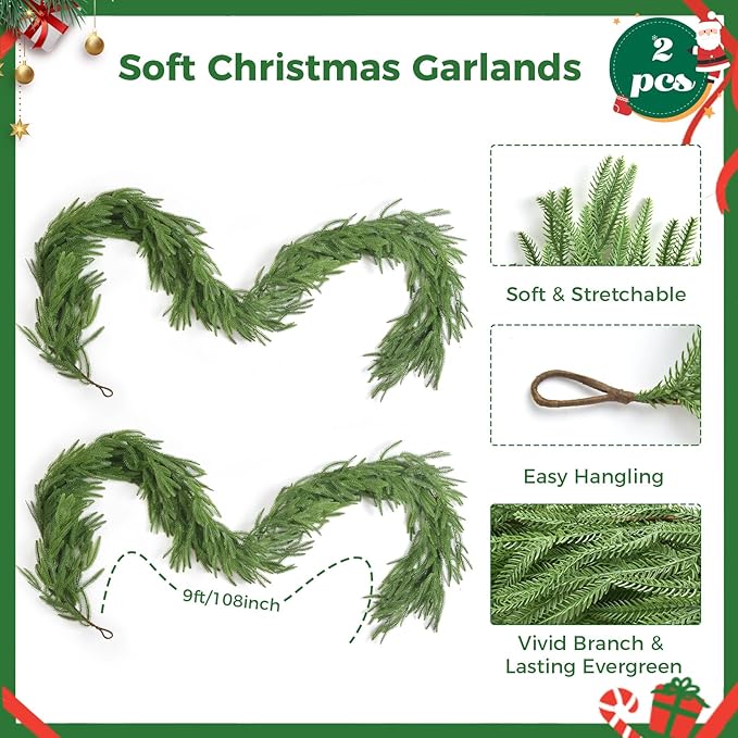 9FT Christmas Norfolk Pine Garland, Artificial Pine Needles Winter Garlands Faux Greenery Fake Garland for Holiday Fireplace,Table, Window, Stairs, Mante, Indoor Outdoor Decor (2 Pack, 9 FT)
