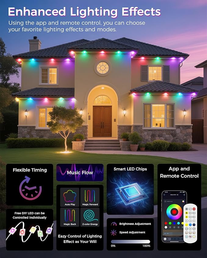 Permanent Outdoor Lights for House, 200ft Smart RGB LED Outdoor Christmas Lights with App/Remote Control, IP67 Waterproof Lighting with Multi Scene Modes for Daily, Party, Holiday, Garden Decor