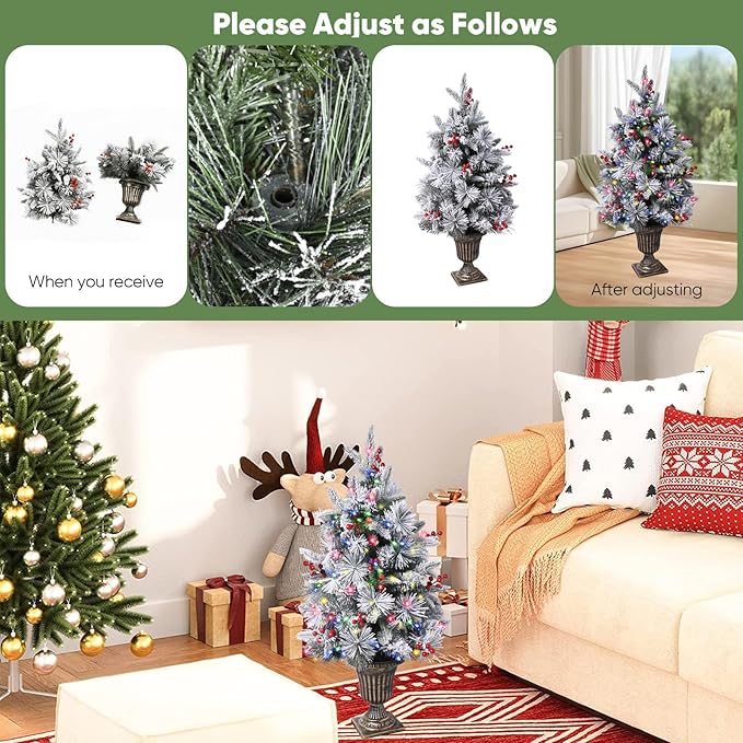Pre-lit Potted Christmas Tree, 2-Packs Flocked Snow Xmas Tree with 100 Color Led Lights, 8 Modes, PE Christmas Decoration for Home, Office, Easy Assembly
