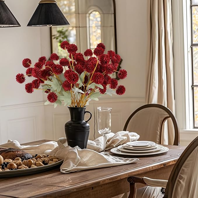 Hananona 12 Pcs Artificial Chrysanthemum Flowers, Red Kiku Pom Pom Mums Flower BurgundyFaux Floral Arrangements Wedding Centerpiece for Fall Autumn Home Kitchen Decor (12, Burgundy)