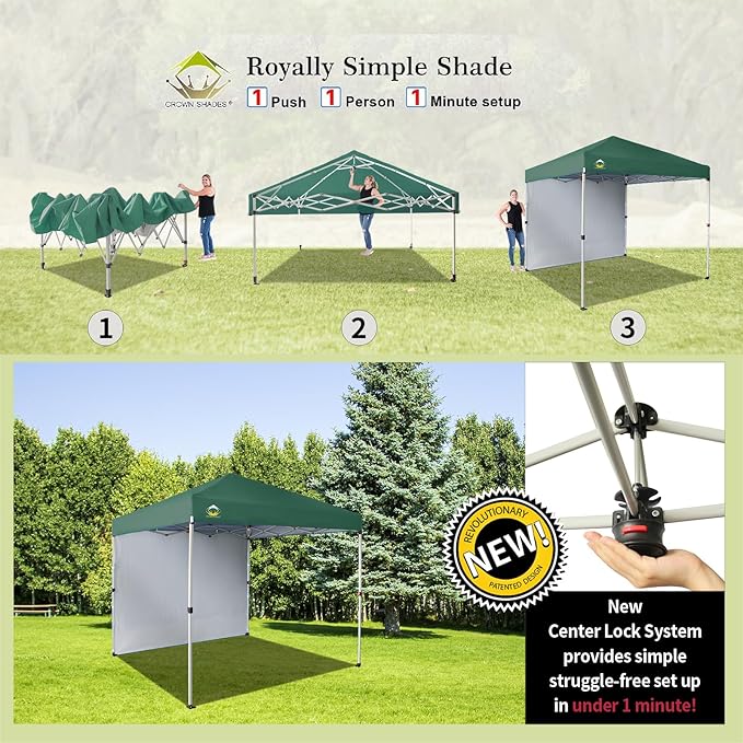 CROWN SHADES 8x8 Pop up Canopy Instant Canopy with 1 Removable Sidewall,4 Ropes & 8 Stakes, STO'N and Go Bag, Forest Green