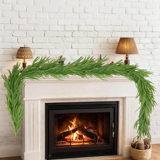 2Pc 6Ft Christmas Artificial Norfolk Pine Garlands, Green Winter Norfolk Pine Stems for Fireplace, Staircase, Dining Table, Door,Holiday Party Christmas Decorations(2, 6FT)