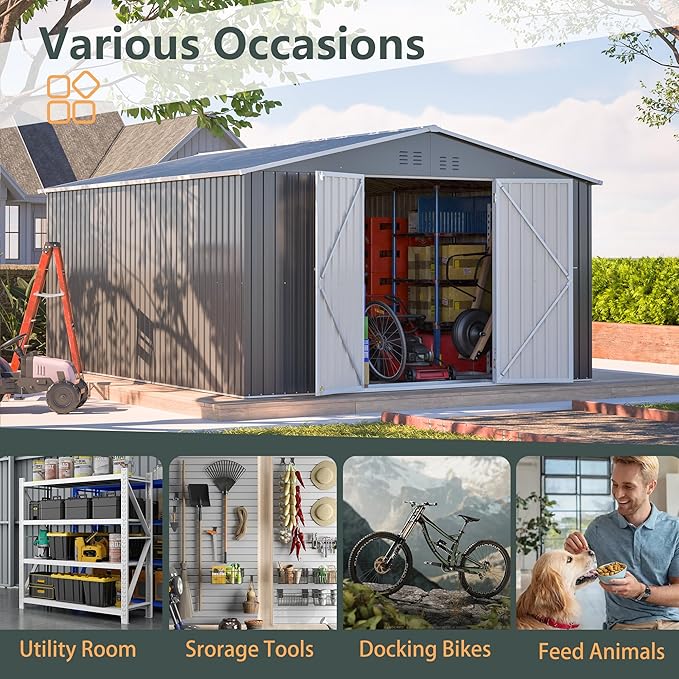 11x13 FT Outdoor Metal Storage Shed with Floor Frame, 140.5 sq.ft Heavy-Duty Garden Tool Shed with Double Doors, Waterproof Roof, All-Weather Steel Utility Shed for Backyard, Lawn, Patio