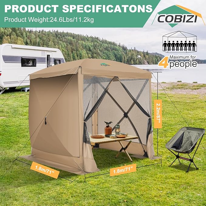 COBIZI 6x6 Pop up Gazebo Tent on Clearance, Ez up Waterproof Screen Tent Screen House with 3 sidewalls,Portable Outdoor Canopy with Carry Bag & Ground Stakes for Camping,Garden and Picnics, Khaki