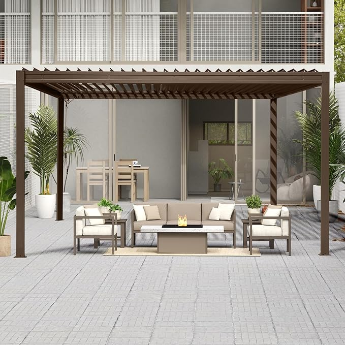 10’ x 13’ Louvered Pergola, Outdoor Pergola Aluminum Frame with Adjustable Rainproof Metal Roof, Permanent Sun Shade with Drainage System for Backyard, Garden and Lawn (Dark Brown)