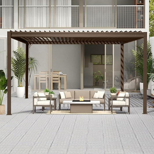 10’ x 13’ Louvered Pergola, Outdoor Pergola Aluminum Frame with Adjustable Rainproof Metal Roof, Permanent Sun Shade with Drainage System for Backyard, Garden and Lawn (Dark Brown)
