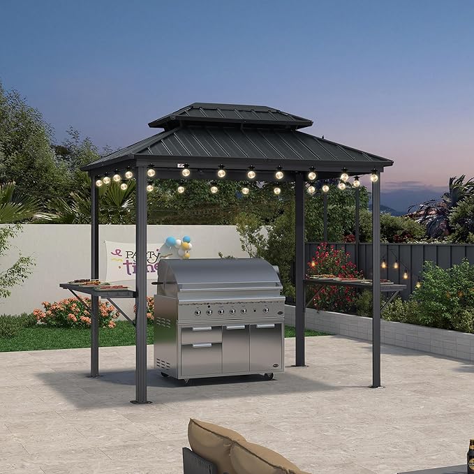 PURPLE LEAF 6' X 8' Hardtop Grill Gazebo for Patio Aluminum Barbeque Gazebo Canopy with 24 Clear Light Bulbs and Shelves Double Tiered Grey Outdoor BBQ