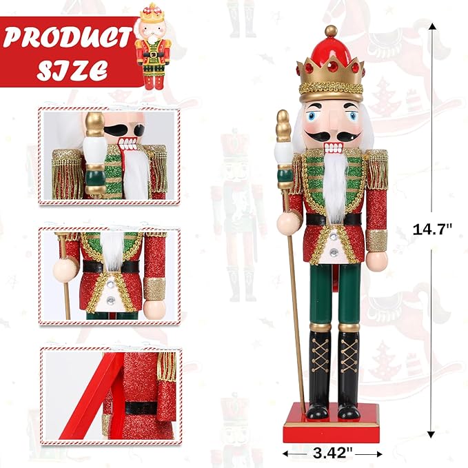 Christmas Nutcracker Decorations Nutcracker Figure 15 Inch Wooden Nutcrackers Collectible Ornament Nutcrackers Soldier for Table Desktop Home Christmas Decor Xmas Indoor Decor Shiny Red