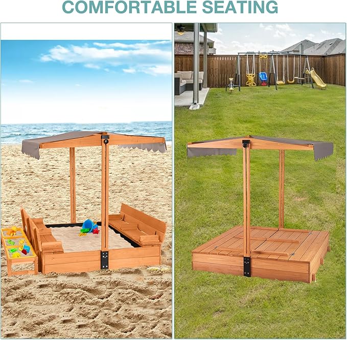 Large Wooden Kids Sand Box with Cover,Sandbox with Lid Foldable Beench Seats,Sand Boxes for Backyard Garden, Beach Patio Outdoor