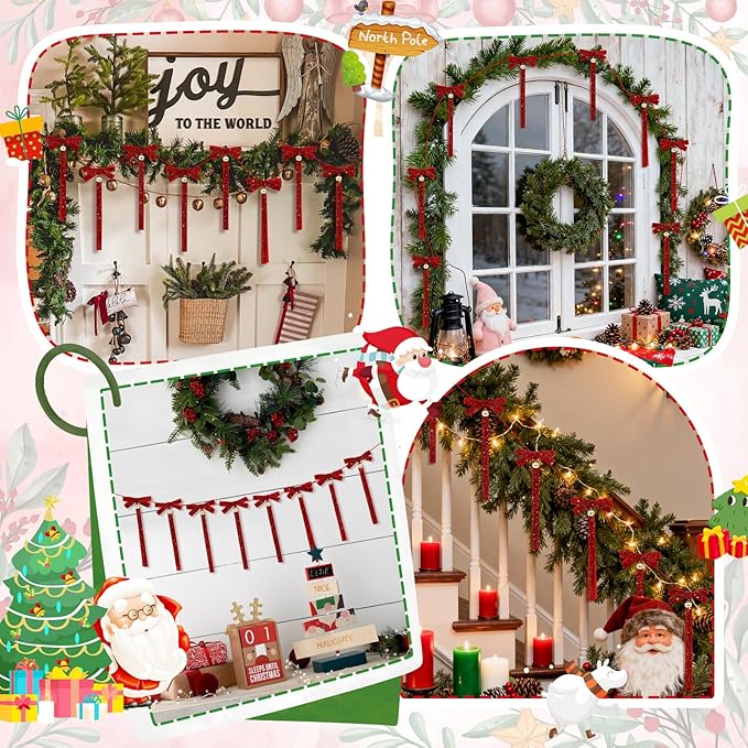 Christmas Velvet Bow Garland Banner with Bells, Glitter Red Ribbon Bows Christmas Jingle Bell Garland Bow Banner Xmas Ornaments for Mantel Fireplace Table Wall Staircase Office Home Xmas Tree Decor
