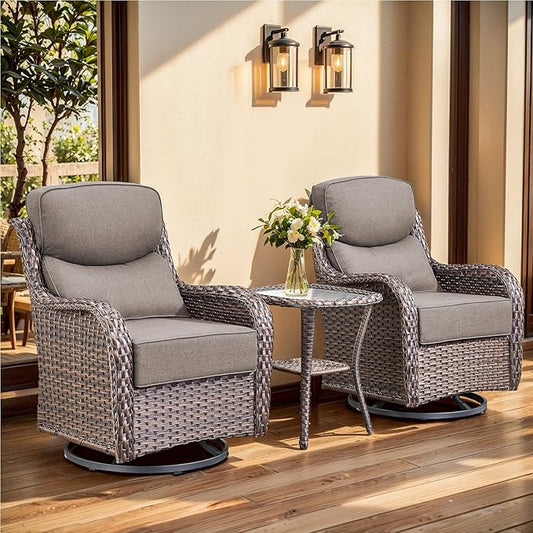 Luxury Outdoor Swivel Rocker Patio Chairs, High Back Swivel Patio Chairs with Side Table & 6-Inch Thick Cushions, Wicker Outdoor Bistro Set for Porch, Yard, Deck, Poolside, Brown/Grey