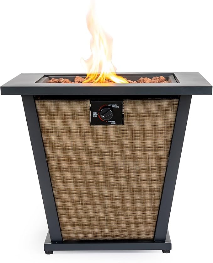 28'' Propane Fire Pit Table, 50,000 BTU Fire Table with Steel Lid, Big V-Shape Legs, Laval Rocks.
