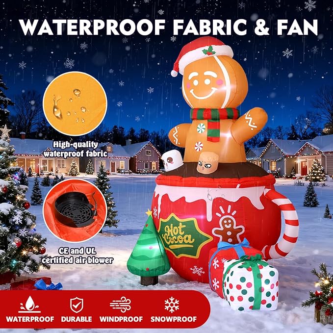 6FT Christmas Inflatables, Gingerbread Inflatables Outdoor Decorations, Cute Christmas Blow Up Decorations for Indoor Garden Lawn Party Decor
