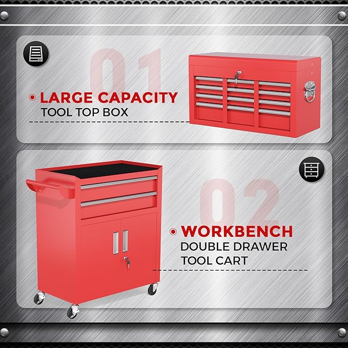 INTERGREAT 8 Rolling Drawers Tool Chest, Assembled Tool Chest with Wheels, Detachable Top Tool Box, Tool Cabinet for Repair Room,Warehouse, Rolling Tool Box with Hooks,Tray Divider,Liners(Red)