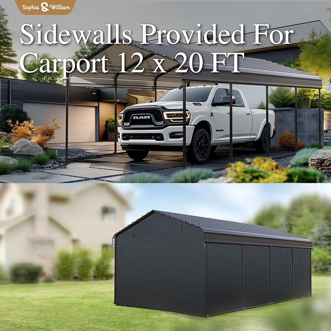 Carport Car Port Metal Canopy 12x20 ft Heavy Duty for Snow, Portable Garage Kit Shed Tent Shelter Metal Frame All Weather Outdoor for Boat with Removable Sidewalls, Dark Grey, Sophia & William
