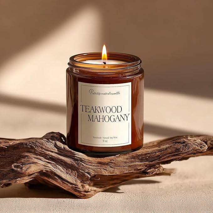Mahogany & Teakwood Highly Scented Candles for Home, 9oz Natural Soy Aromatherapy Organic Candle with Essential Oil, Home Fragrance Stress Relief & Meditation Jar Candles Gifts for Men Women
