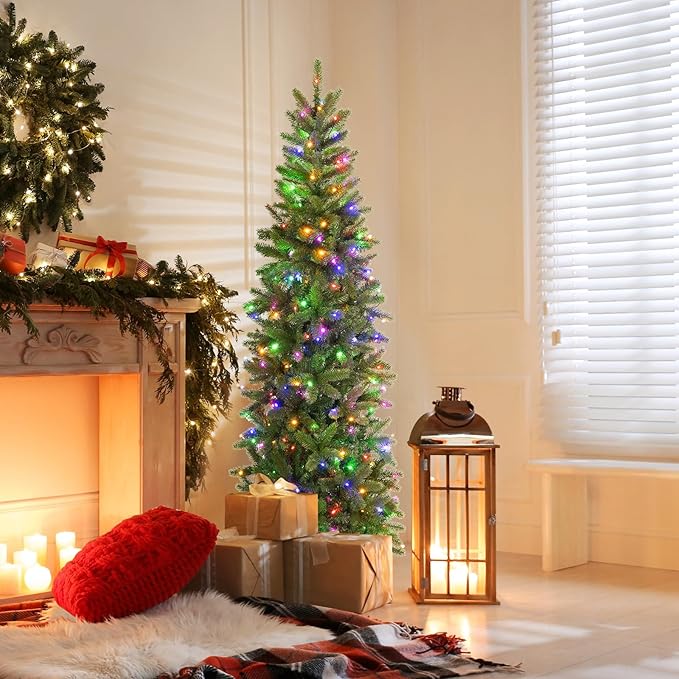 GOFLAME 5ft Pre-lit Pencil Christmas Tree, Artificial Christmas Tree with 180 LED Lights, 10 Light Modes, 390 Branch Tips, Metal Stand, Hinged Xmas Tree for Holiday Festival Decor