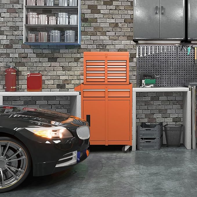 ERGOMASTER Tool Chest Heavy Duty Rolling Tool Box with Cabinet 5-Drawer for Lockable & Removable Cabinet for Garage and Workshop - Orange
