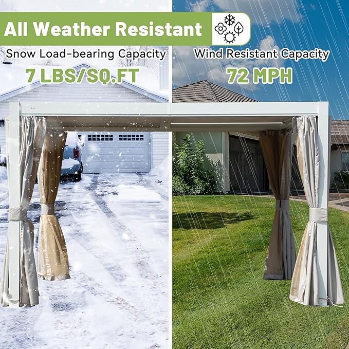 Louvered Pergola 10 x 12 FT, Aluminum Outdoor Pergola with Independent Adjustable Rainproof Top, Built-in Gutter System, Hardtop Patio Metal Pergolas for Deck Garden Backyard -White