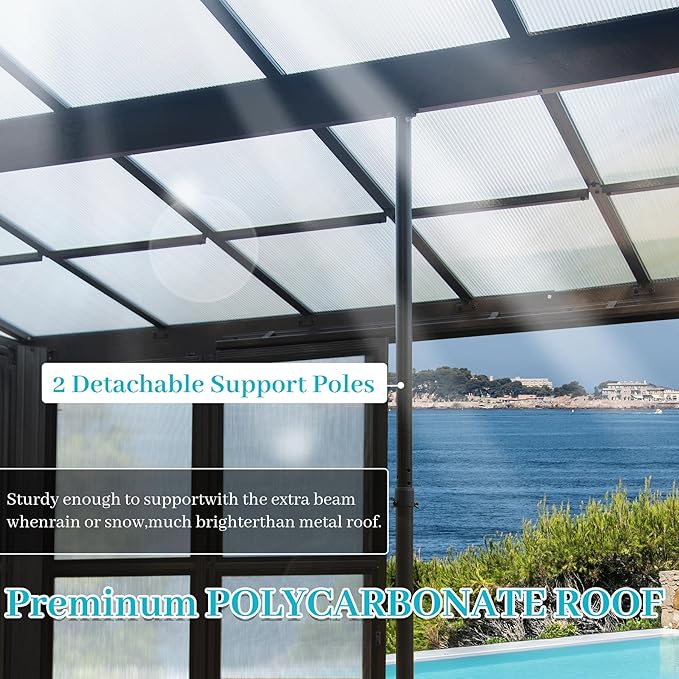 12x16FT Lean to Sunroom, Patio Wall Mounted Solarium All Weather Use, Against The Wall Enclosed Gazebo Small Guest House with Removable Polycarbonate Roof/Windows, 2 Lockable Sliding Doors
