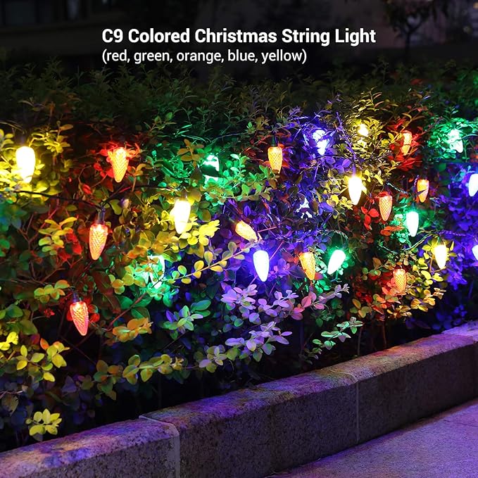 DEWENWILS C9 Multicolor LED Christmas Lights, 33.3ft 50LED Outdoor String Lights for House, Waterproof, Extendable Strawberry Bulb Light for Xmas Tree, Patio, Garden, Yard, Porch, UL Listed