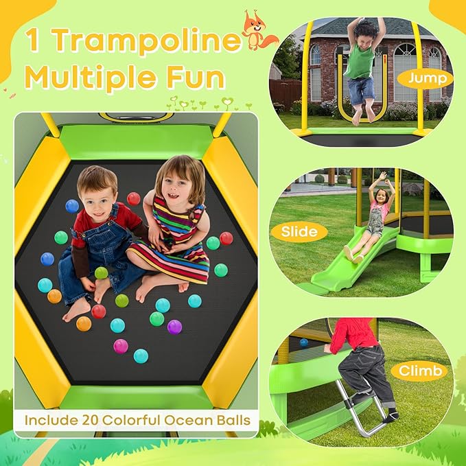 Goplus 7 FT Kids Trampoline with Slide, 87¡± ASTM Approved Toddler Trampoline with Galvanized Steel Frame & Safety Enclosure Net, Ladder, Indoor Outdoor Recreational Rebounder for Kids