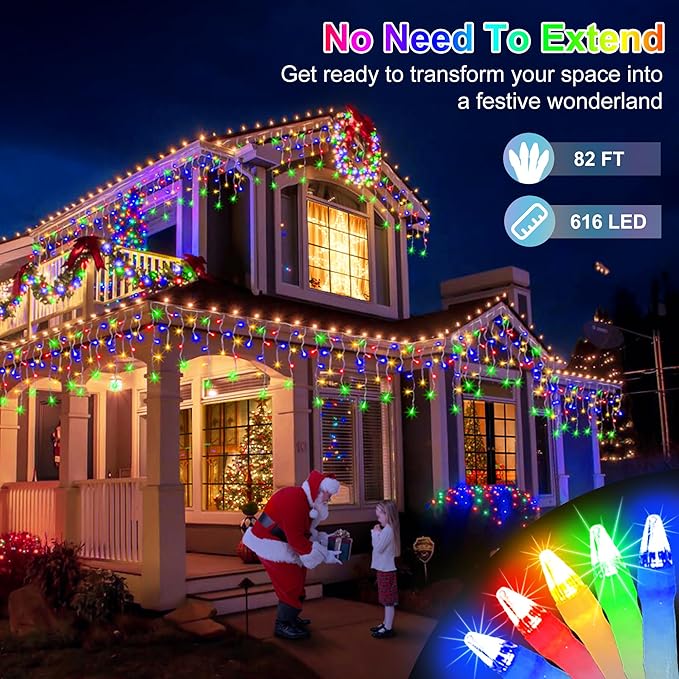 82 FT Outdoor Christmas Lights with 176 Drops, Christmas Decorations Fairy Lights 616 LED 8 Modes, Plug in Waterproof Hanging String Lights for Home Xmas Tree Yard Wedding Party Multicolor