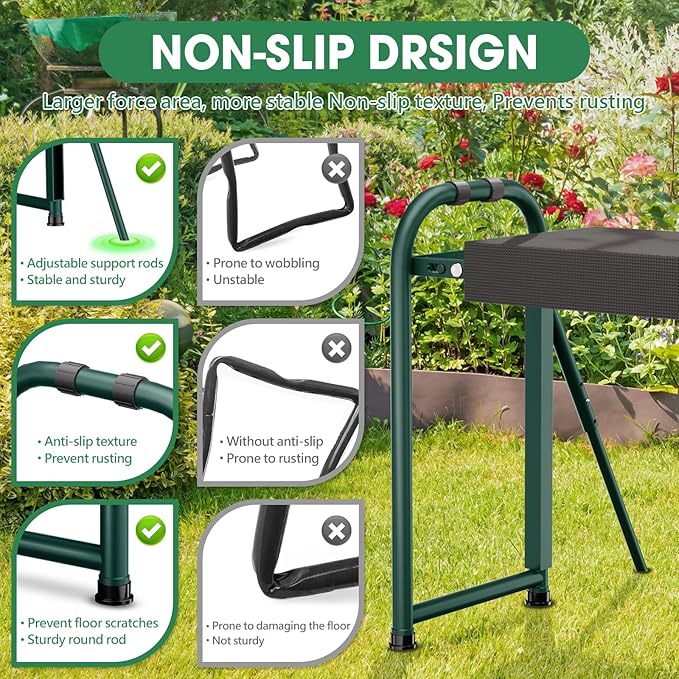 Heavy Duty Garden Kneeler and Seat for Elderly, 400lbs Capacity Foldable Gardening Stool with Support Legs & Thick Pad, Includes Large Tool Organizer Bag, Green