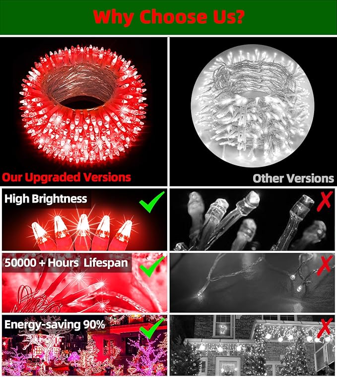 750 LED Chrstmas Lights, 240ft Outdoor Christmas String Lights with 12 Modes, Red LED String Lights with Timer Dimmable Waterproof for Tree Fence Garden Xmas Wedding Party Decor Red