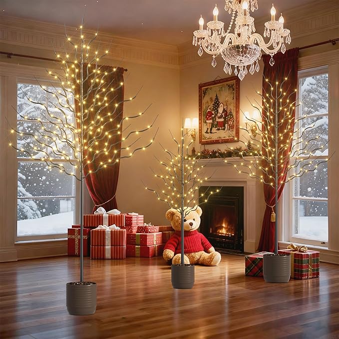 Outdoor Christmas Decorations Lighted Tree Set of 3, Light Christmas Tree Including 4 feet, 6 feet, and 8 feet, Christmas Tree Decorations with Warm White LED, Black Metal Branch for Holiday