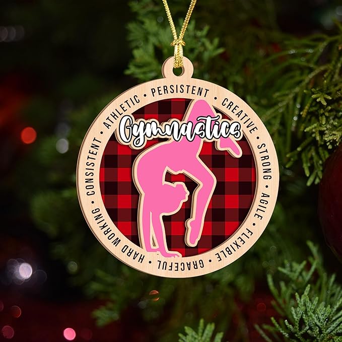 Gymnastics Ornament for Girls – 2-Layer Wooden Christmas Ornament for Gymnasts, Plaid Gymnastics Christmas Tree Decor, Gymnast Gifts for Girls 2025