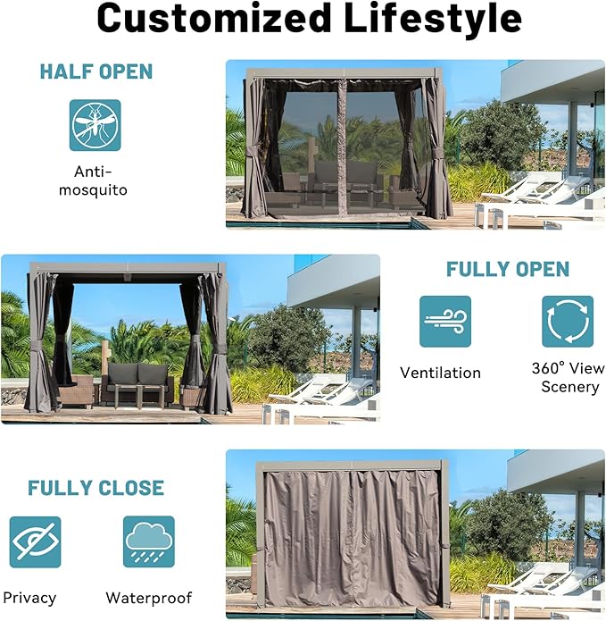 Louvered Pergola 10 x 12 FT, Aluminum Outdoor Pergola with Independent Adjustable Rainproof Top, Built-in Gutter System, Hardtop Patio Metal Pergolas for Deck Garden Backyard -Grey
