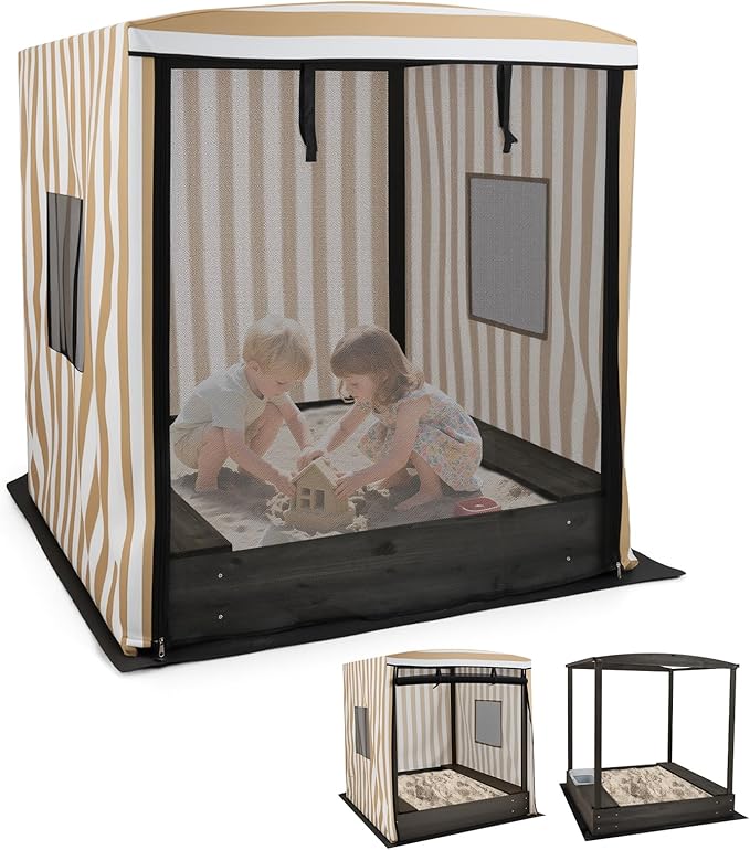 Costzon Kids Wooden Sandbox with Canopy, Large Sand Pit w/Mesh Door, Windows, Bench Seats, Foldable Storage Box & Bottom Liner, Outdoor Playhouse for Children 3+ Years Old (Pink&White)