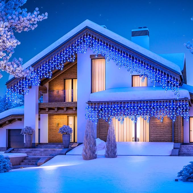 118 ft 1248 LED Christmas Outdoor Icicle Lights LED Fairy String Hanging Lights Waterproof with 8 Modes Timer for Christmas Decorations Wedding Holiday Party Roof Yard, Blue