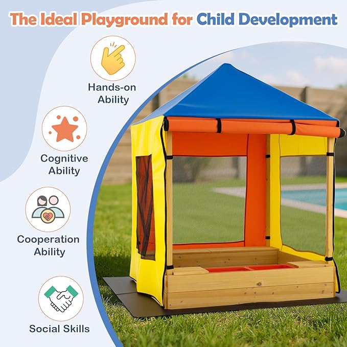 Costzon Kids Wooden Sandbox with Canopy, Outdoor Fir Wood Playhouse with Bottom Liner, Roll-up Door Curtains, Bench Seats & Storage Space, Sand Playground for Garden Backyard (Yellow&Blue)