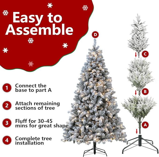 Flocked Christmas Tree, 7.5 ft Prelit Christmas Tree with Lights, 10 Functions, 400 Lights, Spruce Artificial Christmas Tree Prelit with 1832 Realistic Tips & Sturdy Metal Base Easy Assembly