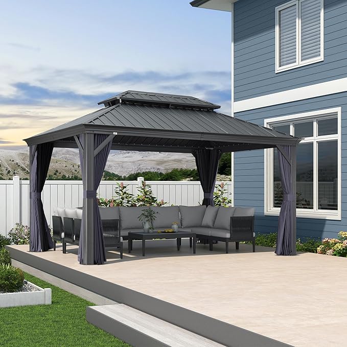PURPLE LEAF 10' X 14' Hardtop Gazebo Aluminum Gazebo with Galvanized Steel Double Roof for Backyard Patio Lawn and Garden Curtains and Netting Included Navy Blue