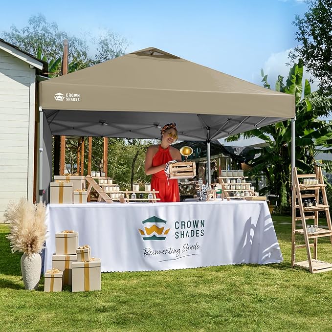 CROWN SHADES 10x10 Pop Up Canopy with 1 Side Wall - Beach Tent with One Push Setup - Outdoor Sun Shade for Events, Parties, Camping - Gazebo with STO-N-Go Cover Bag (Beige)