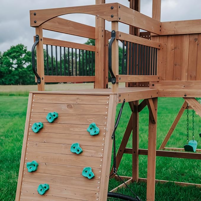 Backyard Discovery Sterling Point Cedar Wood Swing Set with Wave Slide, Raised Clubhouse, Wooden Bridge, Rock Wall, Belt Swings, Web Swing, Trapeze, Balcony, Climbing Wall, Ladder, Outdoor Playset