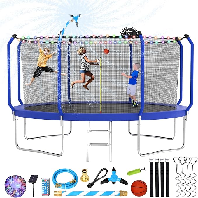Lyromix Upgraded Trampoline 8FT/10FT/12FT/14FT With Basketball Hoop, Light, Sprinkler, Stakes - Outdoor Backyard for 4-6 Kids and Adults