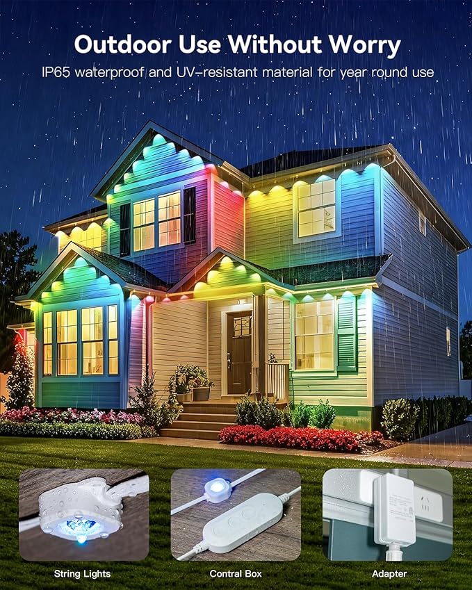 Ollny 100FT 60LED Permanent Outdoor Lights, APP Control RGB Outdoor Lights 100 Scene Modes with Remote, DIY Music Modes Christmas Light for Holiday Xmas Halloween Decorations