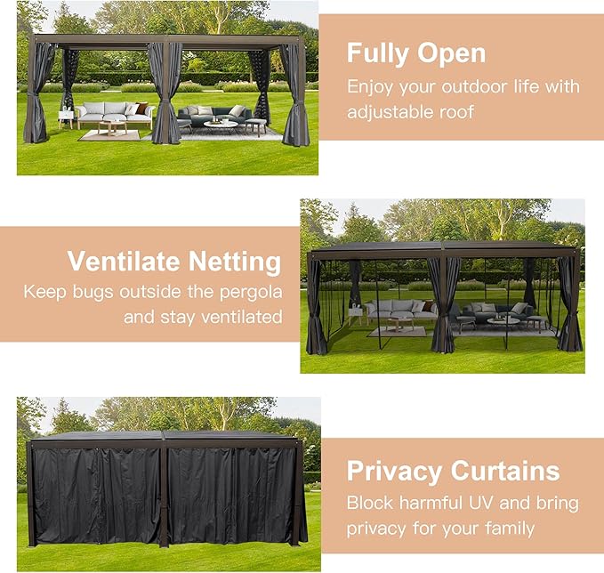 Domi 12x20FT Louvered Pergola, Full Aluminum Pergola with Adjustable Louvered Roof, Outdoor Pergola with Waterproof Curtains and Netting, Dark Brown